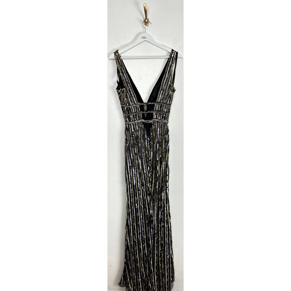 MAC DUGGAL Stripe Sequin Gown in Black Gold Size US 2 - Picture 8 of 11
